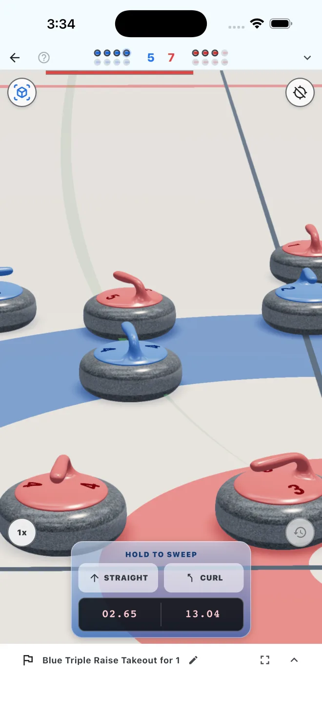 Moving stones in the native 3D rink with straight and curl sweeping controls